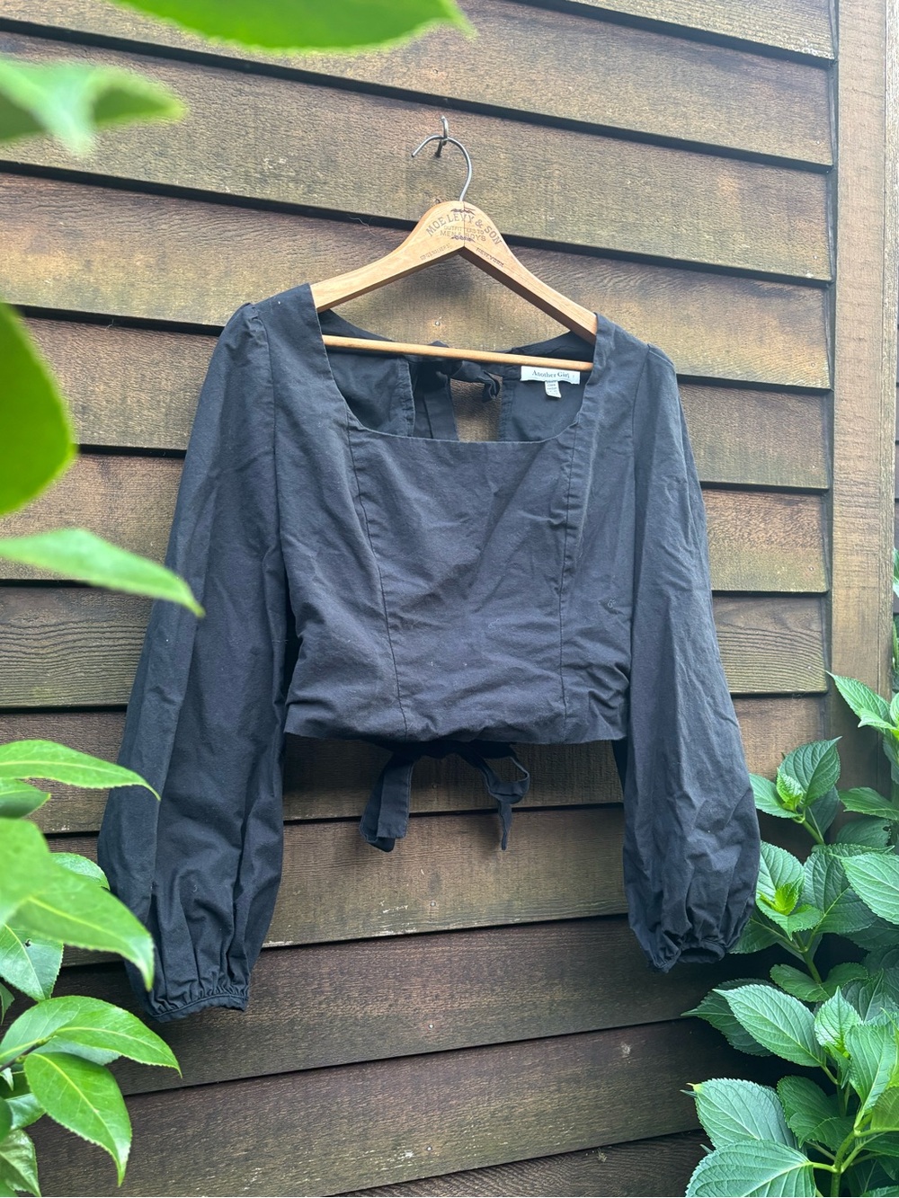 Another Girl Black Square-Neck Cropped Blouse with Tie Waist and Open Back